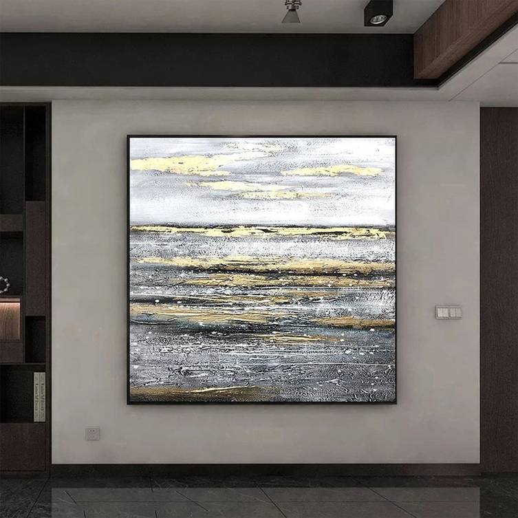 Grey Original Handmade Gold Contemporary Sunset Abstract Canvas Artwork RZ8QI